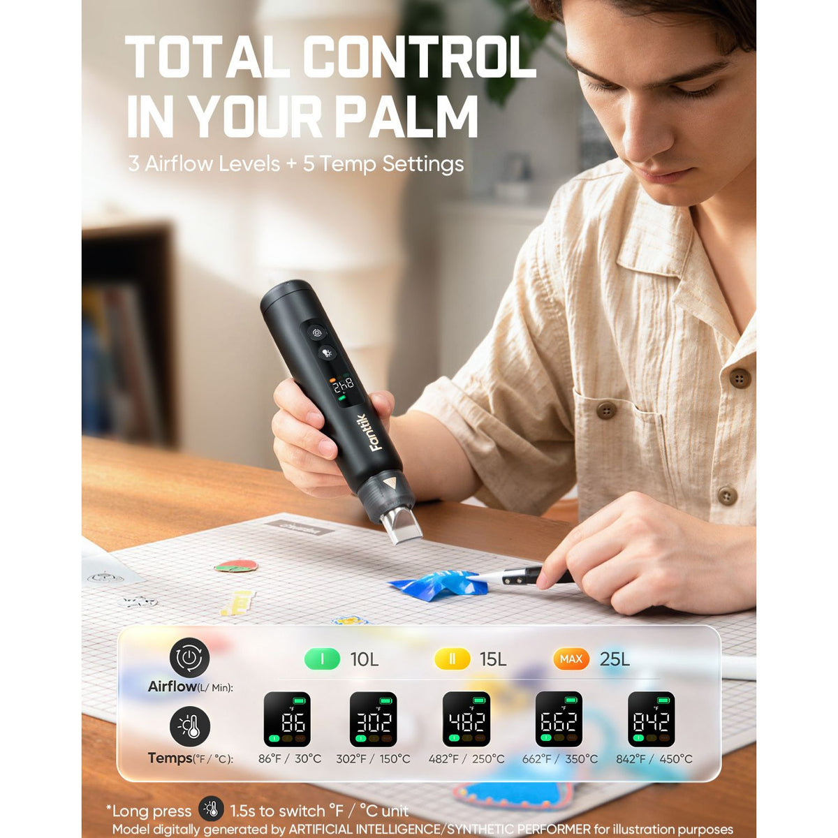 A person in a beige shirt holds a black Fanttik H3 Master Cordless Mini Heat Gun over a desk, with promotional text at the top and a feature chart at the bottom. The diffuser has a digital display and small colored buttons.