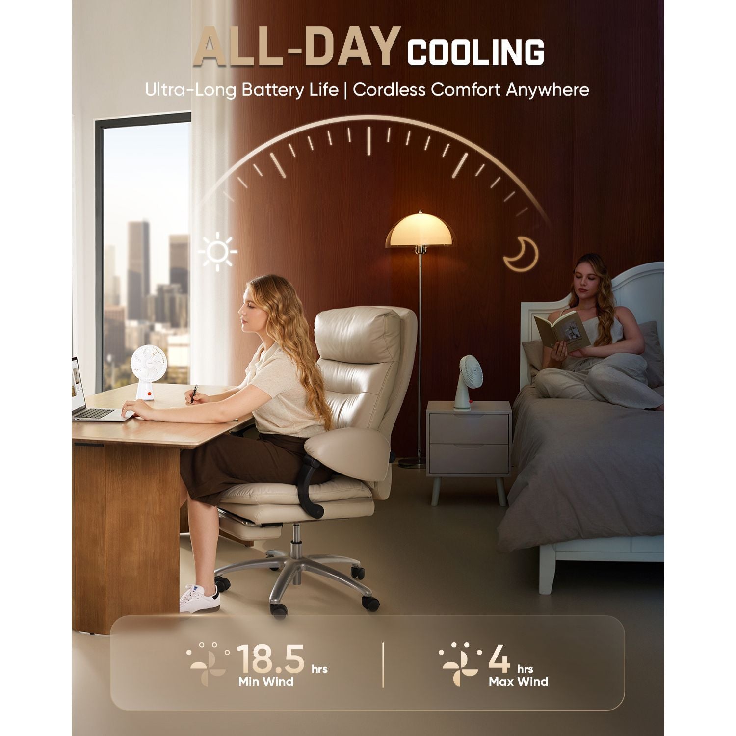 An office chair with a black cooling strap shown in a bedroom setting, with a woman sitting at the desk on the left and another woman reading on the bed on the right. The image features promotional text for 'ALL-DAY COOLING' and performance metrics at the bottom.