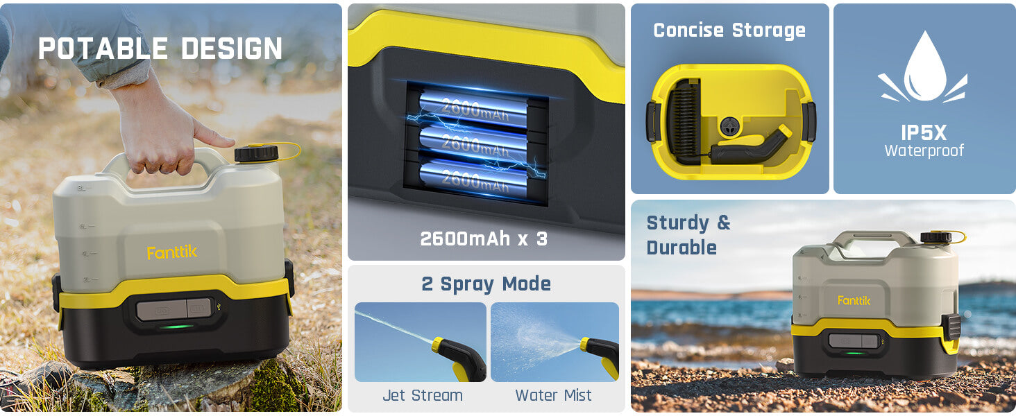 Fanttik NB8 Nano Portable Spray Washer with 8L Water Tank, Portable Camping Shower Pump, Retractable Spray Gun, 2600mAh Battery, IPX5, 72-98PSI, for Patio Garden, Camping Shower and Pet Cleaning