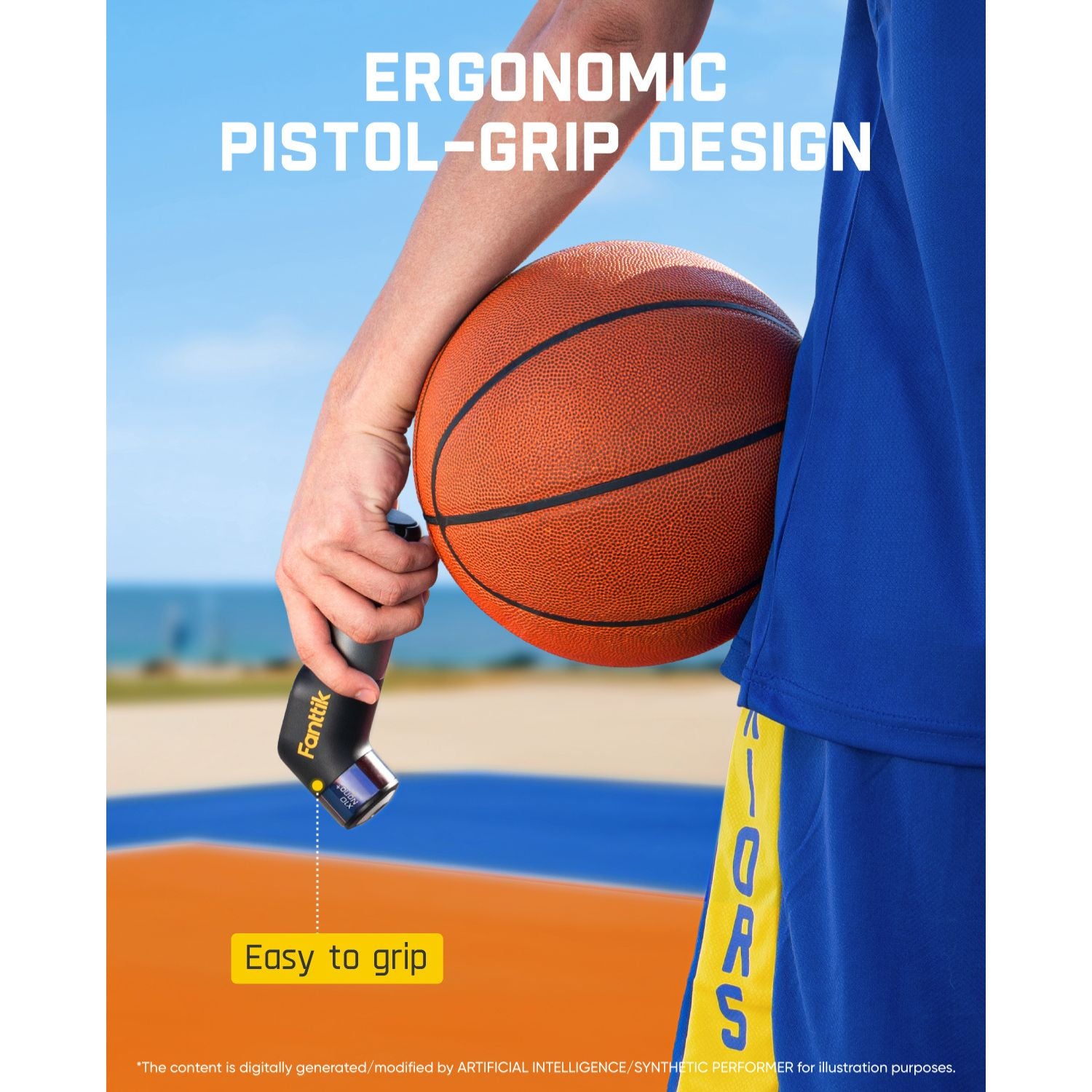 A person in a blue basketball uniform holds a basketball and demonstrates an X10 Nano Electric Ball Pump branded 'Fanttik'. The image features promotional text highlighting the ergonomic design and grip compatibility.