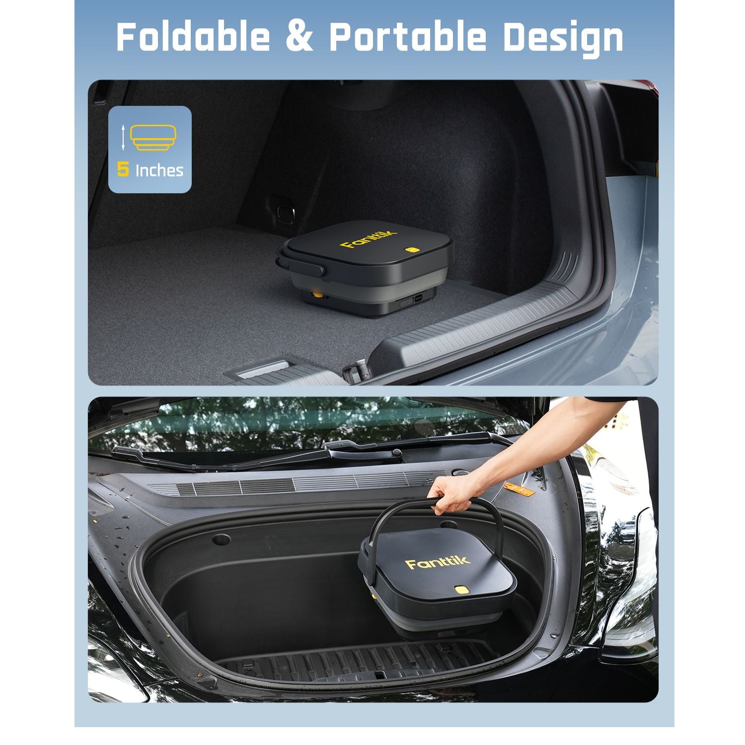 Fanttik NB8 Fold Cordless Pressure Washer in car trunks, highlighting its compact, foldable and portable design with a 5-inch folded height