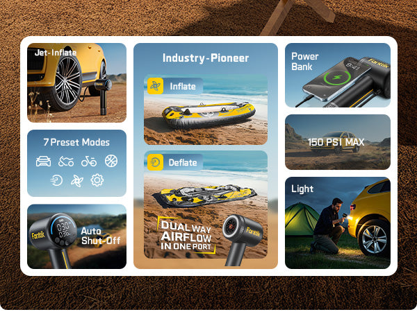 Fanttik X9 Classic Portable Tire Inflator, Jet-Inflate/Deflate Air Compressor with Light and Power Bank, 150PSI Cordless Air Pump for Car, Motorcycle, Bike, Ball, Air Mattress, Kayak, Swimming Ring