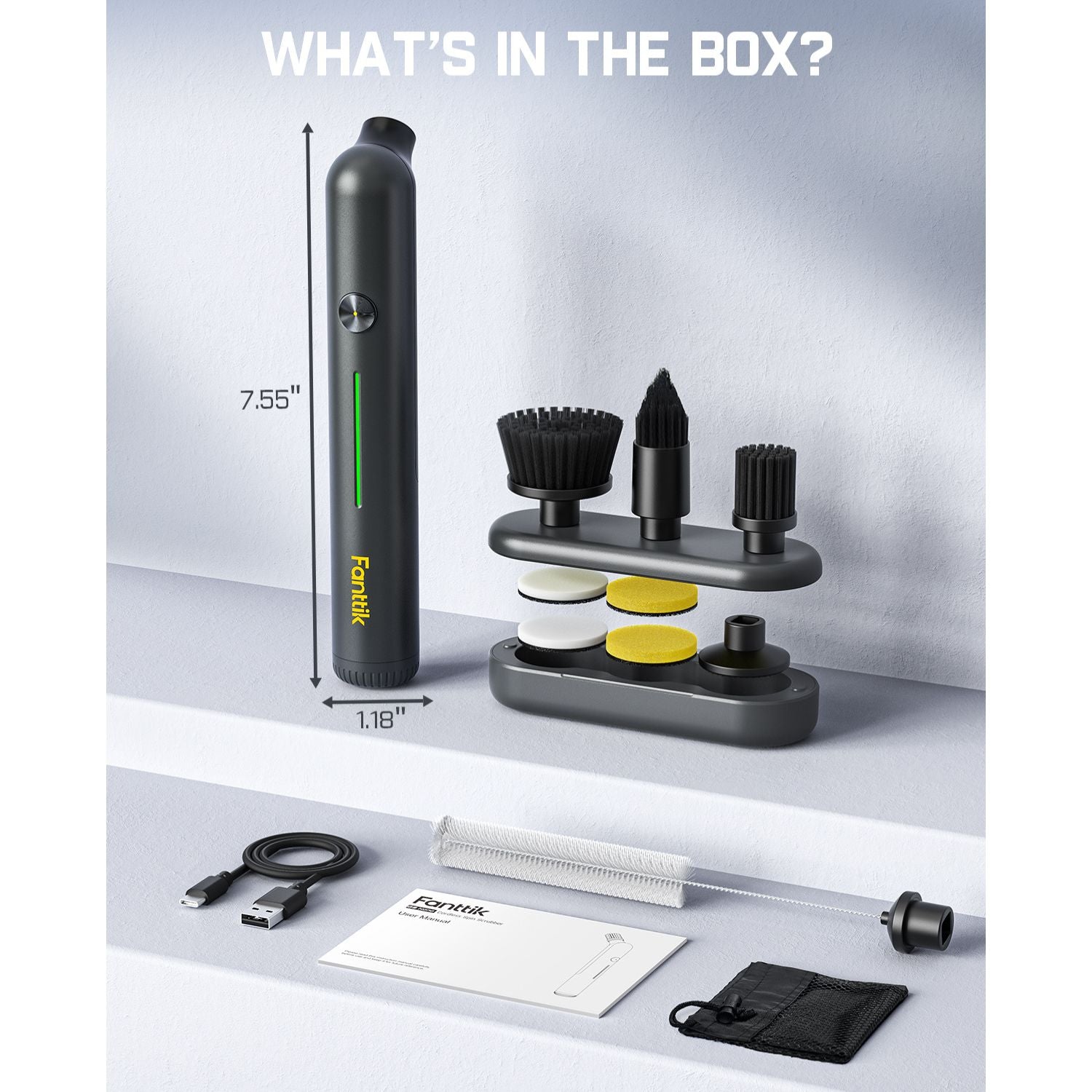 Fanttik G9 Nano electric spin scrubber with multiple brush heads, USB-C cable, and user manual