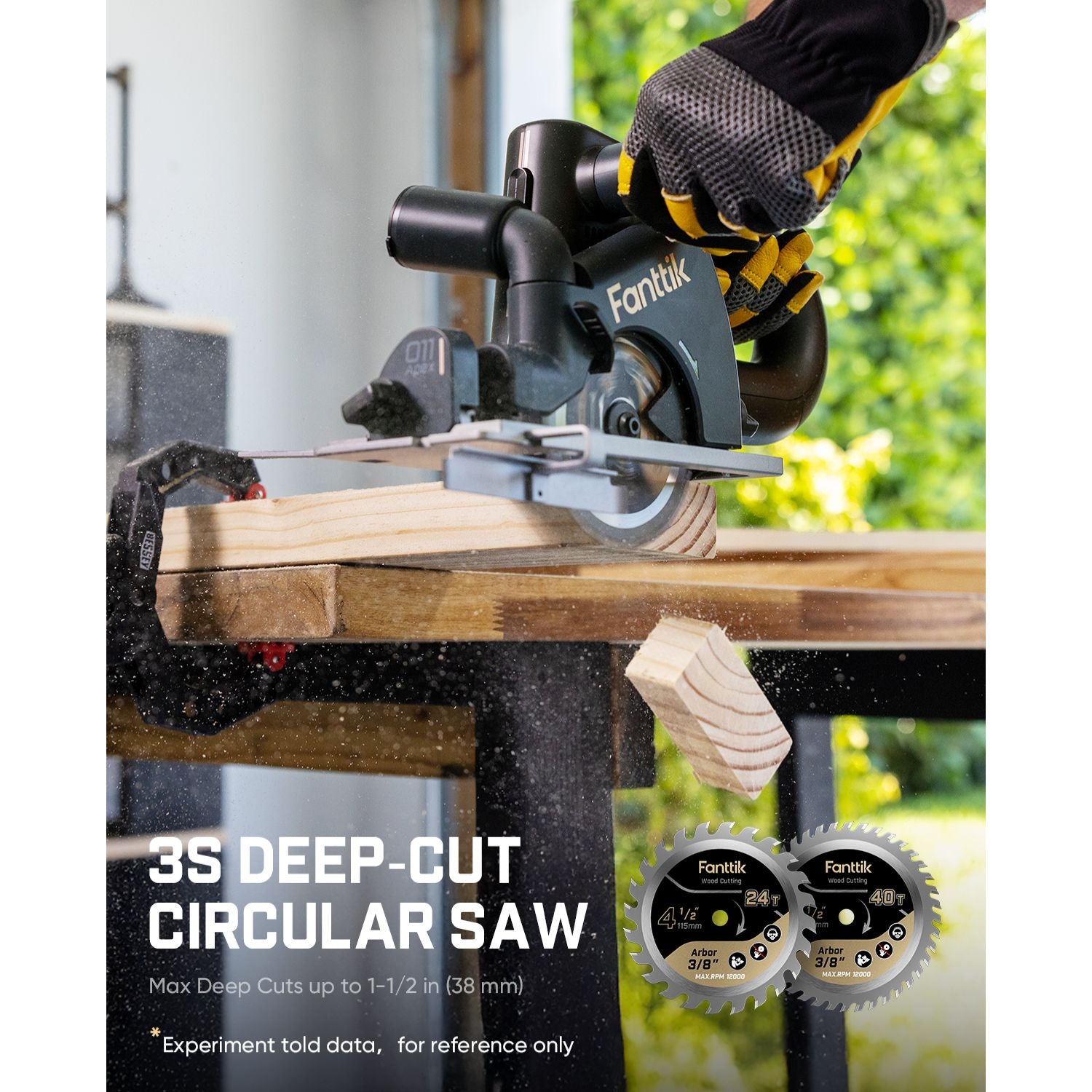 Fanttik Cordless Circular Saw being used to cut a piece of wood, with a gloved hand holding the saw. The image includes text reading '3S DEEP-CUT CIRCULAR SAW' and shows two circular saw blades at the bottom right.