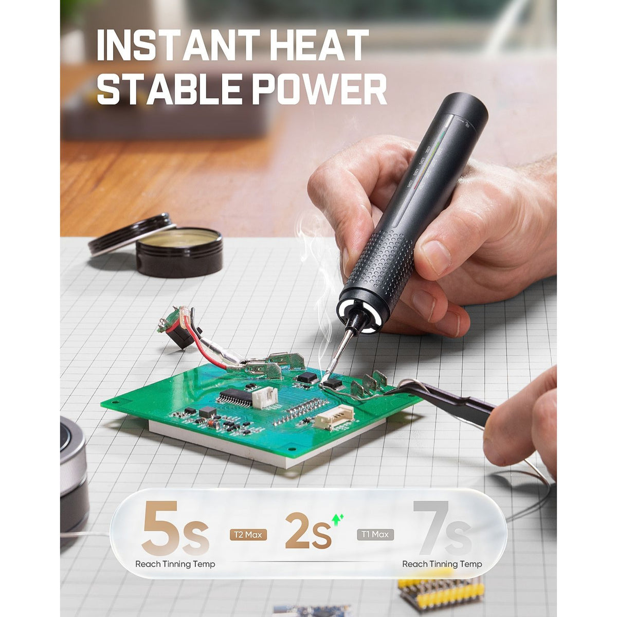 A hand holds a soldering iron, soldering a circuit board, showcasing the selling point of rapid heating in just 5 seconds.