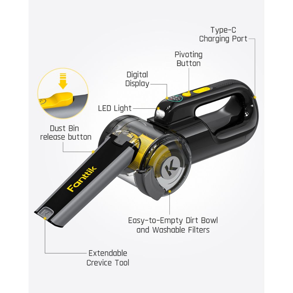 Fanttik DynamicClean™ V10 Mate Pivoting Cordless Handheld Vacuum, 14kPa/40AW, 2.5H Fast Charge, 16.9 oz Large Dustcup, 100W Brushless Motor& LED Light, Portable Vacuum for Car Home Cleaning