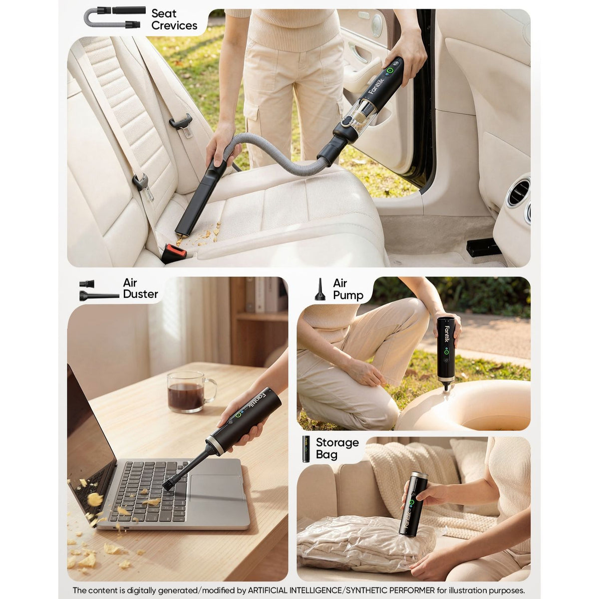 Multifunctional cleaning tool being used in various settings such as car, desk, and sofa.