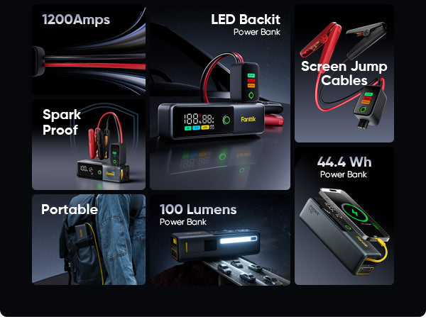 Fanttik Potent T10 1800A Portable Jump Starter, 12000mAh Jump Box for Car Battery for up to 7.0L Gas and 5.0L Diesel Engines, 12V Safe Lithium with Retractable Charging Cable, Power Bank & LED Display