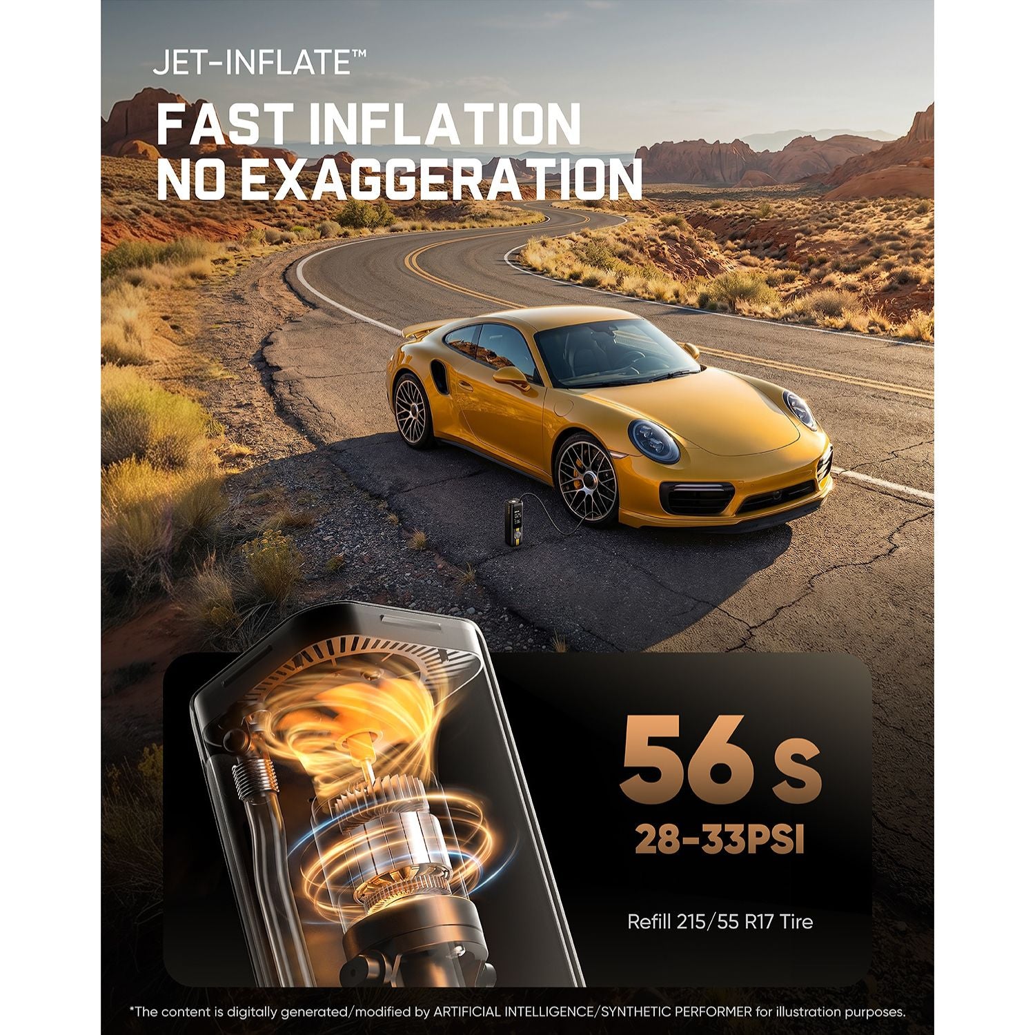 Promotional graphic for a tire inflation product. The top half shows a yellow sports car on a desert road with the text 'JET-INFLATE FAST INFLATION NO EXAGGERATION.