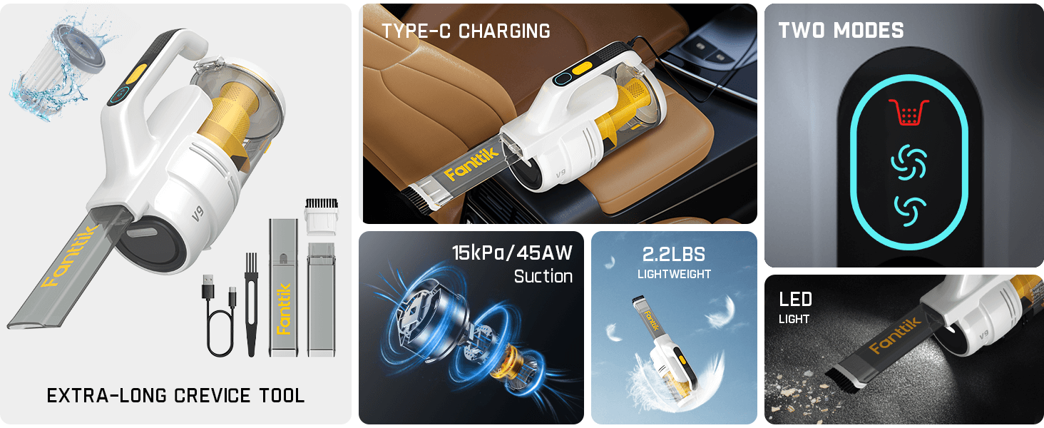 Fanttik RobustClean™ V9 Handheld Vacuum Cleaner, Portable Cordless Vacuum for Home Car Cleaning