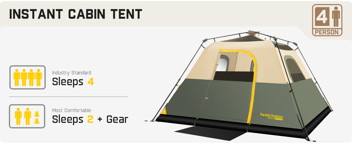 FanttikOutdoor Zeta C4 Pro Camping Tent 4 Person Instant Cabin Tent Setup in 60 Seconds with Rainfly & Windproof Portable Tent with Carry Bag for Family Camping & Hiking