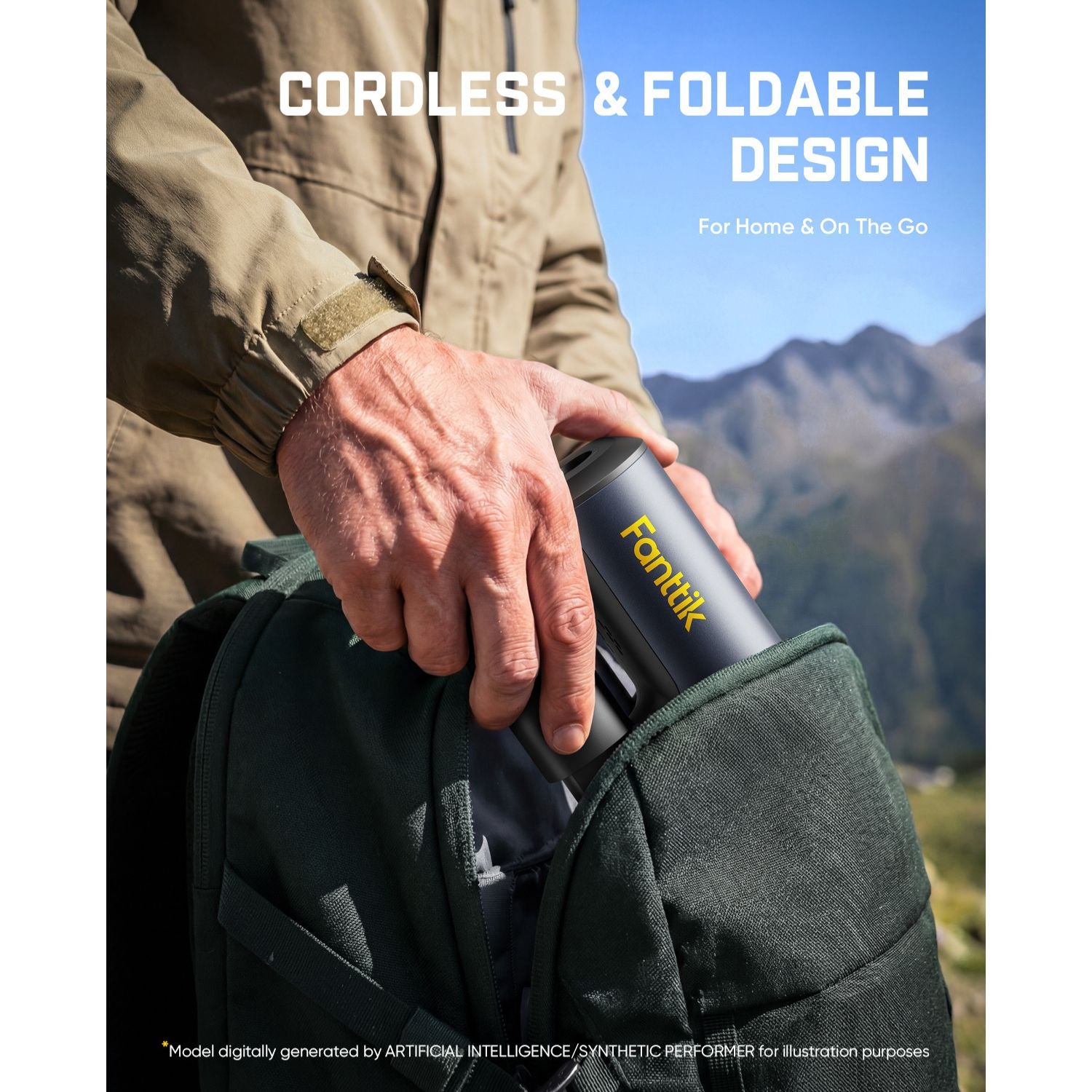 Person holding a black Pressure washer with 'Fonitik' branding, set against a mountainous landscape.