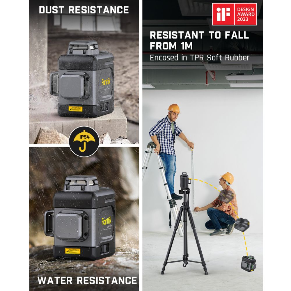 Fanttik D12 PRO Laser Level 3 x 360°, Self-Leveling Cross Line Laser with LED Screen, 3D Green Cross Line, 5200mAh Battery Rechargeable, Pulse Mode, Magnetic support