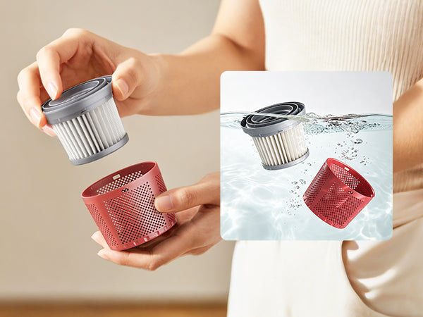 A person holds two replacement vacuum filter parts against a warm beige background, with an inset showing the filter components floating in water.