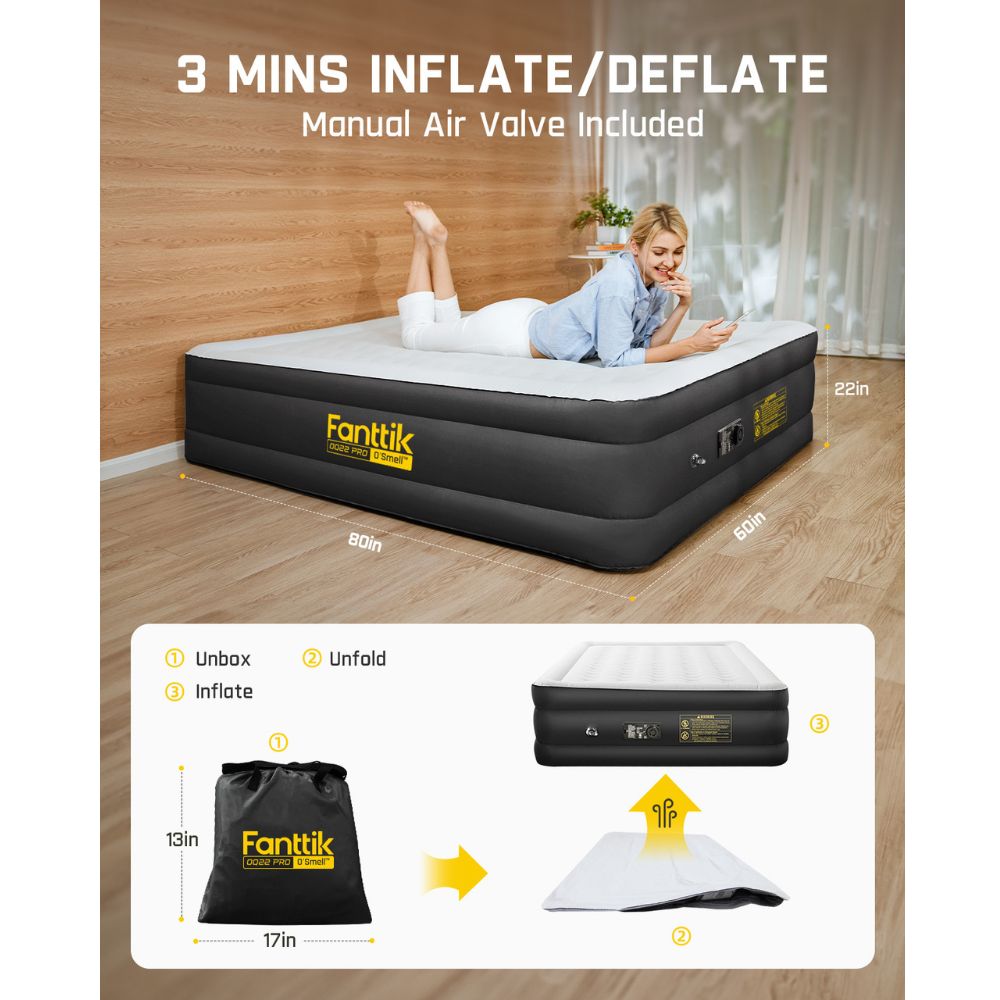 Fanttik OQ22 Pro Air Matress Queen with Built-in Pump, 22 Inches O'Smell™ PVC Air Mattress, One Button Inflation and Stop at Any Time, 720 LBS Support Airbed for Home,Outdoors,Sleepover