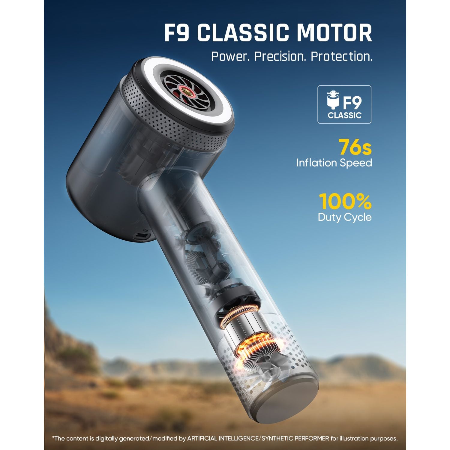 A tire inflator shown at an angle against a blue sky and desert landscape background, with marketing text reading 'F9 CLASSIC MOTOR' and '76s Inflation Speed' and '100% Duty Cycle'.