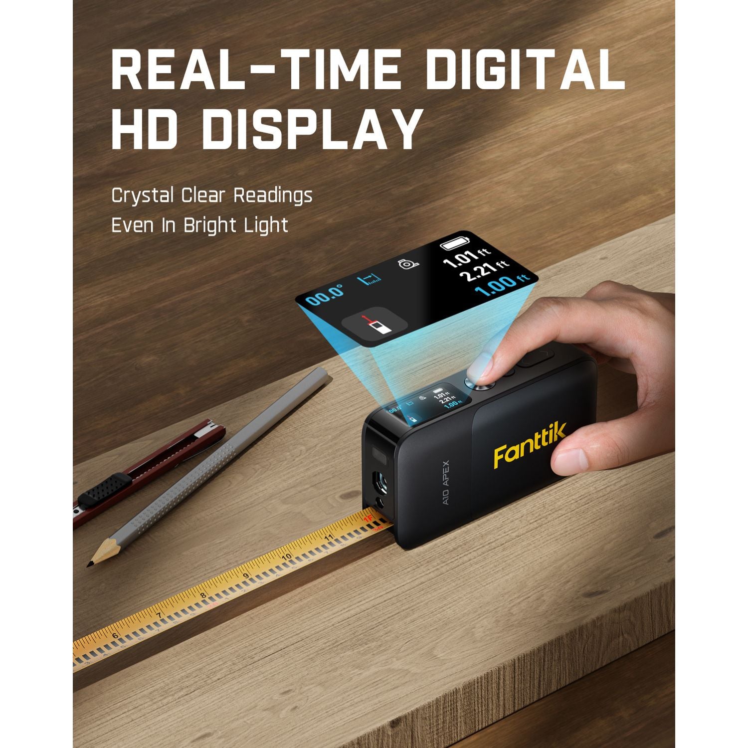 Fanttik A10 Apex laser distance meter with HD display showing measurements, used on wood surface.