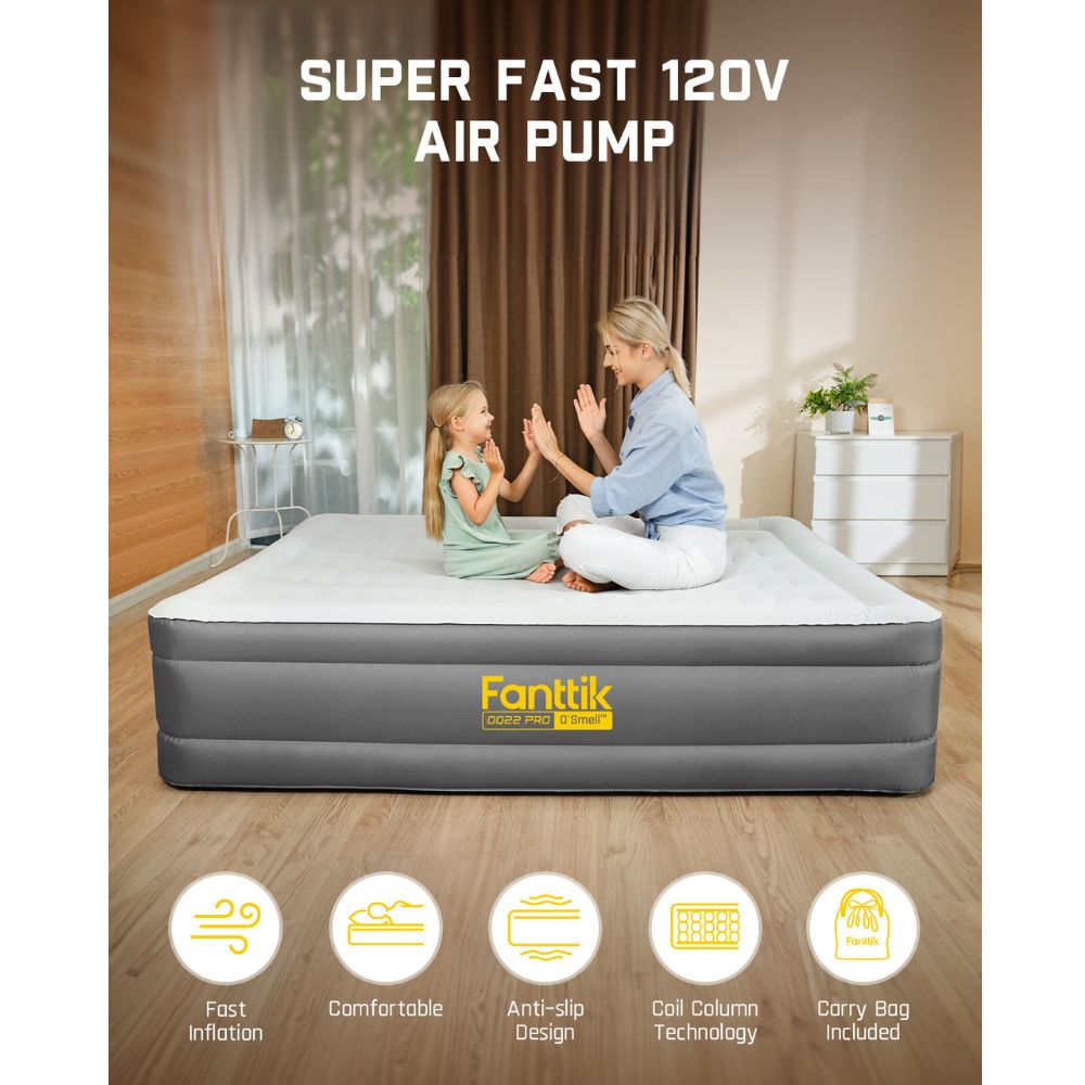 Fanttik OQ22 Pro Air Matress Queen with Built-in Pump, 22 Inches O'Smell™ PVC Air Mattress, One Button Inflation and Stop at Any Time, 720 LBS Support Airbed for Home,Outdoors,Sleepover