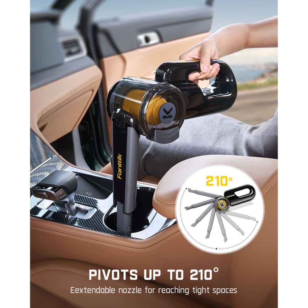 Person using Fanttik V10 Apex Foldable Car Vacuum in a car with extendable nozzle pivoting up to 210 degrees for tight spaces