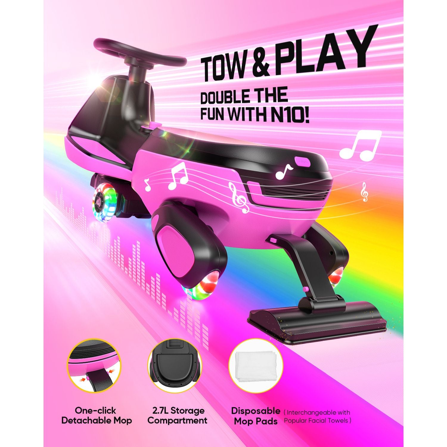 Pink FanttikRide N10 Classic electric wiggle car with detachable mop, storage compartment, and RGB wheels.