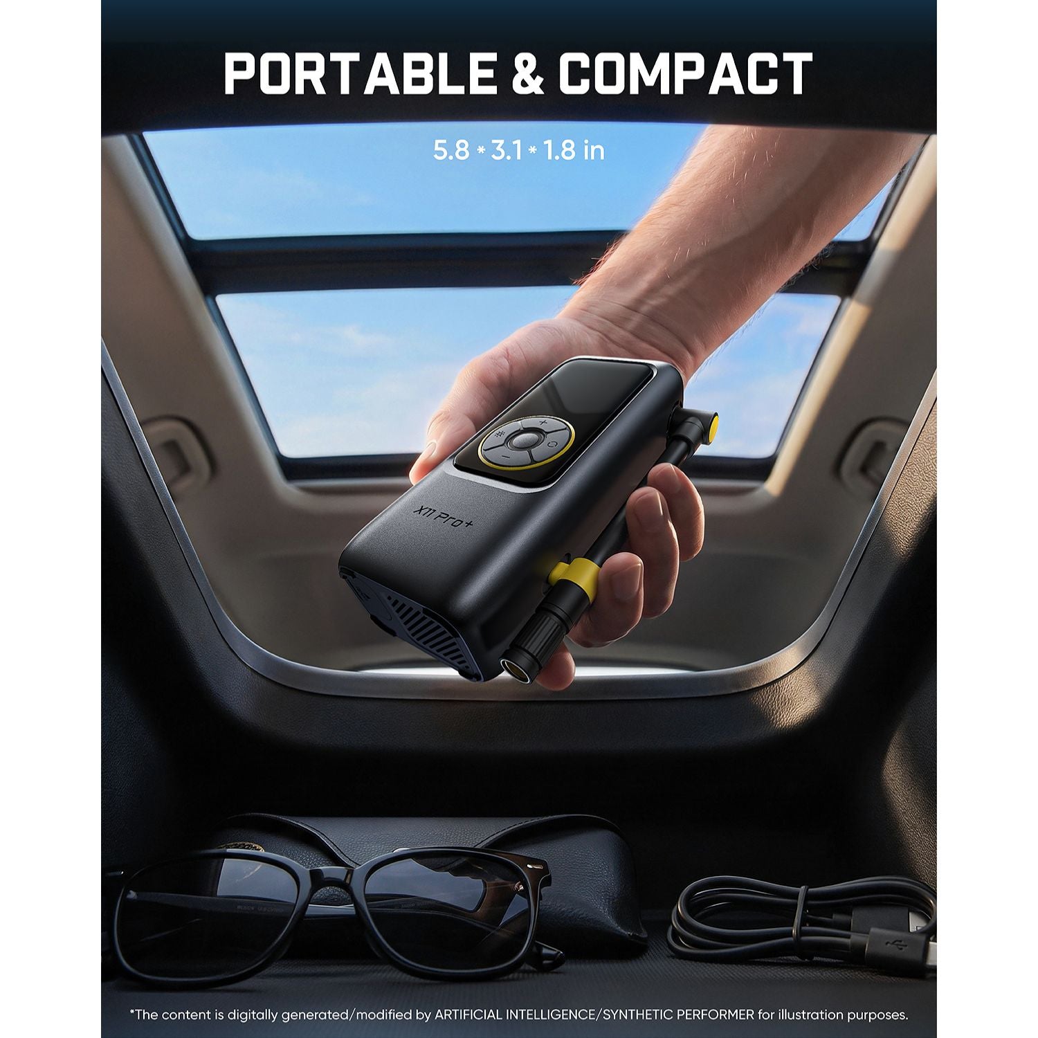 A hand holding a compact black portable tire inflator with Fanttik brand inside a car, with text reading 'PORTABLE & COMPACT' and '5.8*3.1*1.8in.
