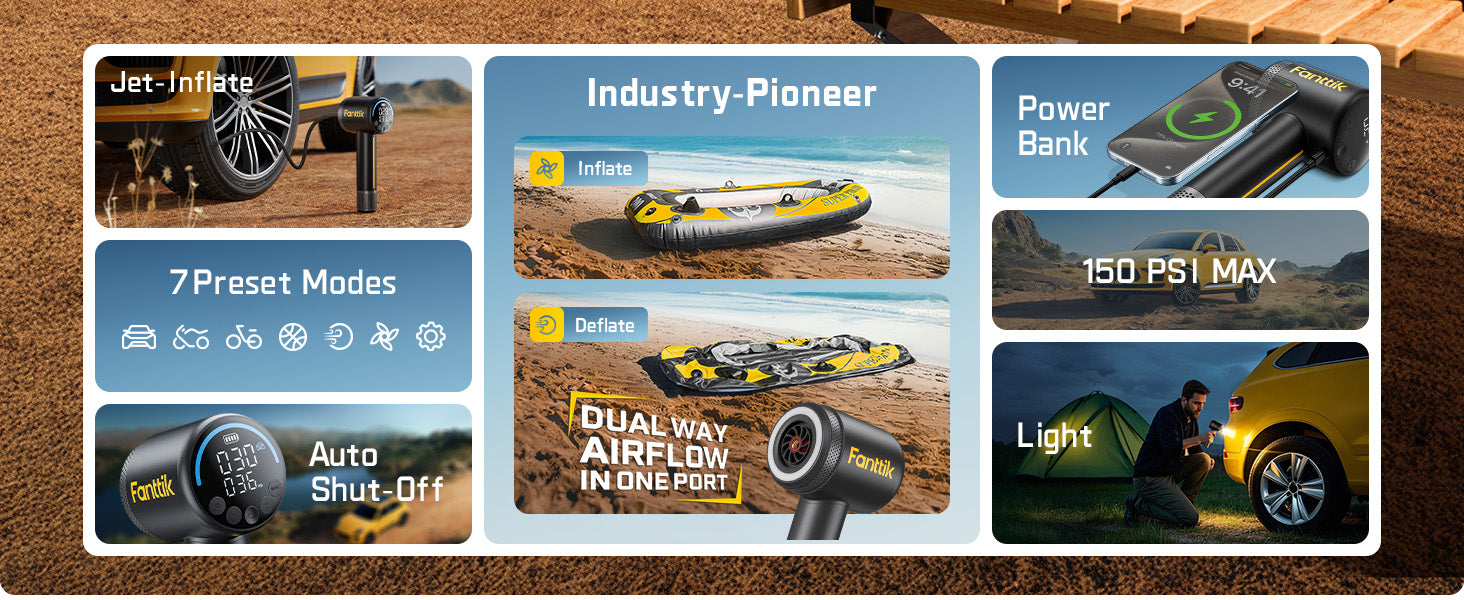 Fanttik X9 Classic Portable Tire Inflator, Jet-Inflate/Deflate Air Compressor with Light and Power Bank, 150PSI Cordless Air Pump for Car, Motorcycle, Bike, Ball, Air Mattress, Kayak, Swimming Ring