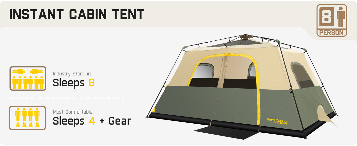 FanttikOutdoor Zeta C8 Pro Camping Tent 8 Person Instant Cabin Tent Setup in 60 Seconds with Rainfly & Windproof Portable Tent with Carry Bag for Family Camping & Hiking