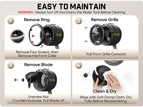 Fanttik MistFlow 100 Pro Misting Fan features a fully detachable front grille and blades. No more scrubbing dust out of tight gaps, just remove and rinse with water for a thorough deep clean, ensuring clean, healthy airflow from the source