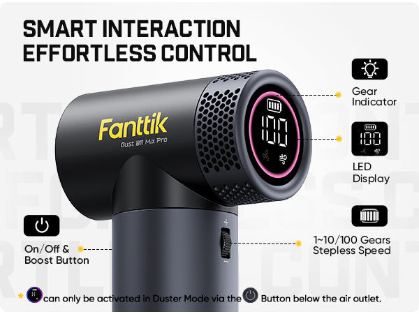 Fanttik B11 Mix Pro 2-in-1 Electric Air Duster with digital display and control buttons on a white background