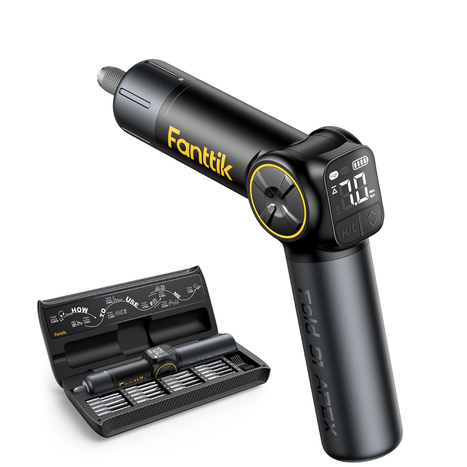 A black handheld electric screwdriver with a digital display screen and yellow accents, shown alongside its open black charging case containing multiple screwdriver bits. The brand name 'Fanttik' is printed in yellow on the screwdriver body.