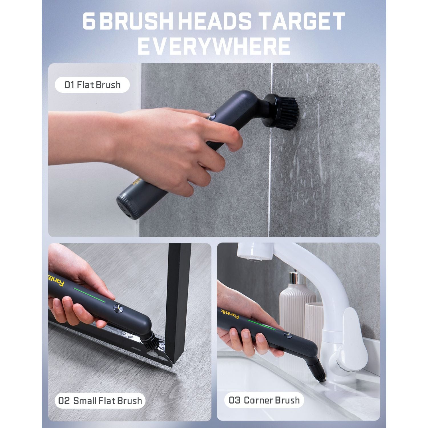 Fanttik G9 Nano Electric Spin Scrubber cleaning with flat, small flat, and corner brush heads on walls, corners, and faucets.