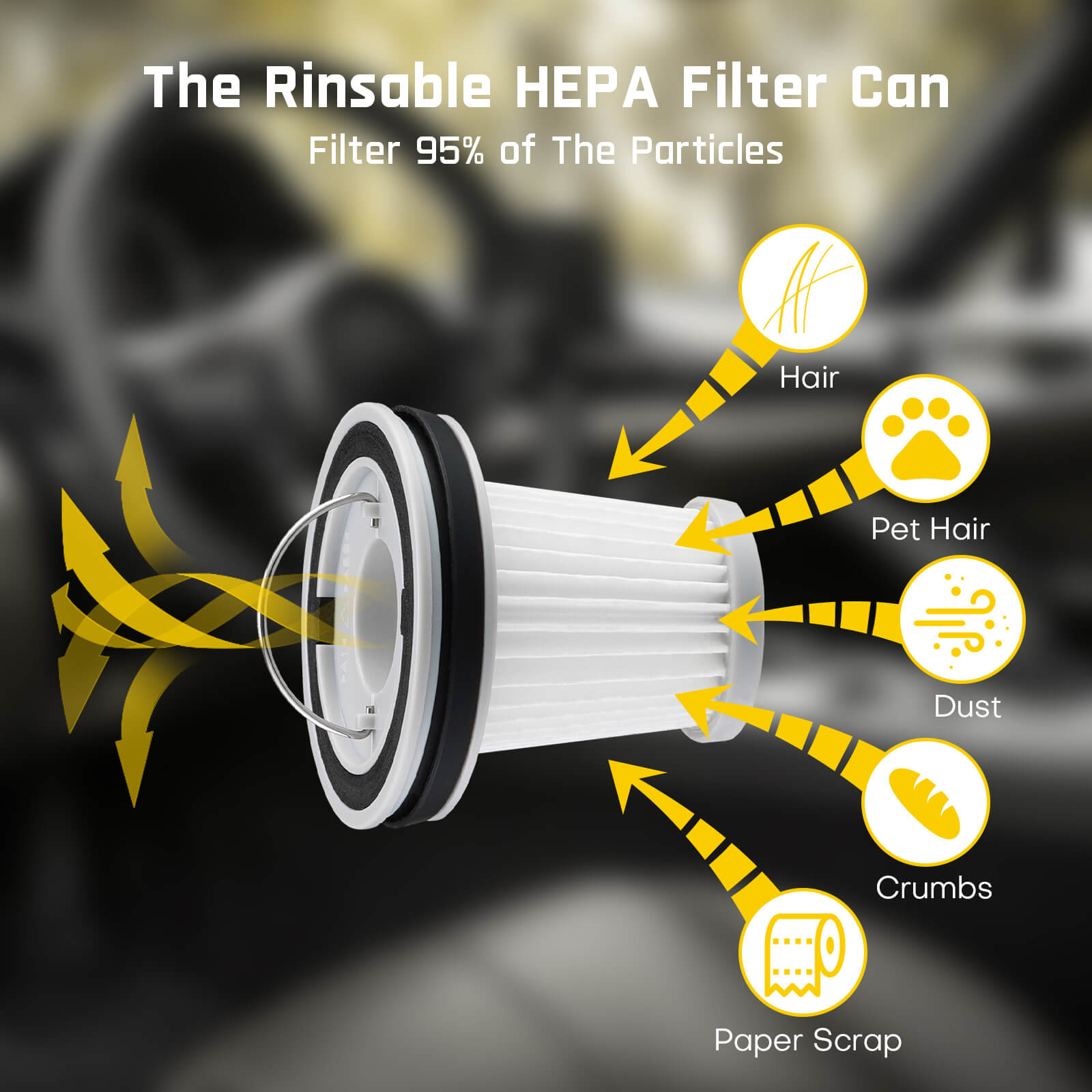 The rinsible HEPA 11 filter filters out 95% of particles such as fine dust, sawdust, wood chips, fine powder, and work site debris