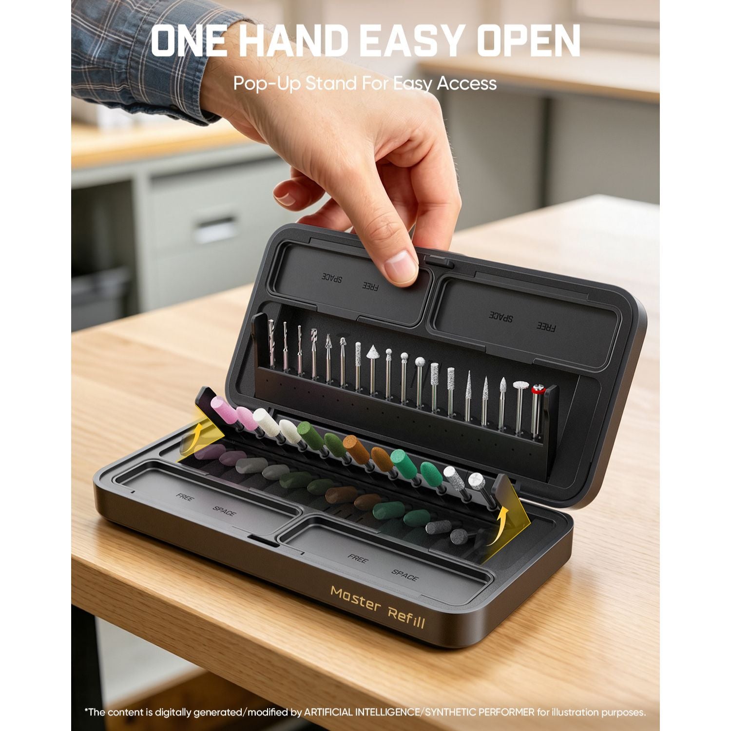 A hand opens a Master Refill pop-up stand for drill bits on a light wood table. The black plastic stand holds multiple drill bits and color-coded bits, with a blurred workshop background.