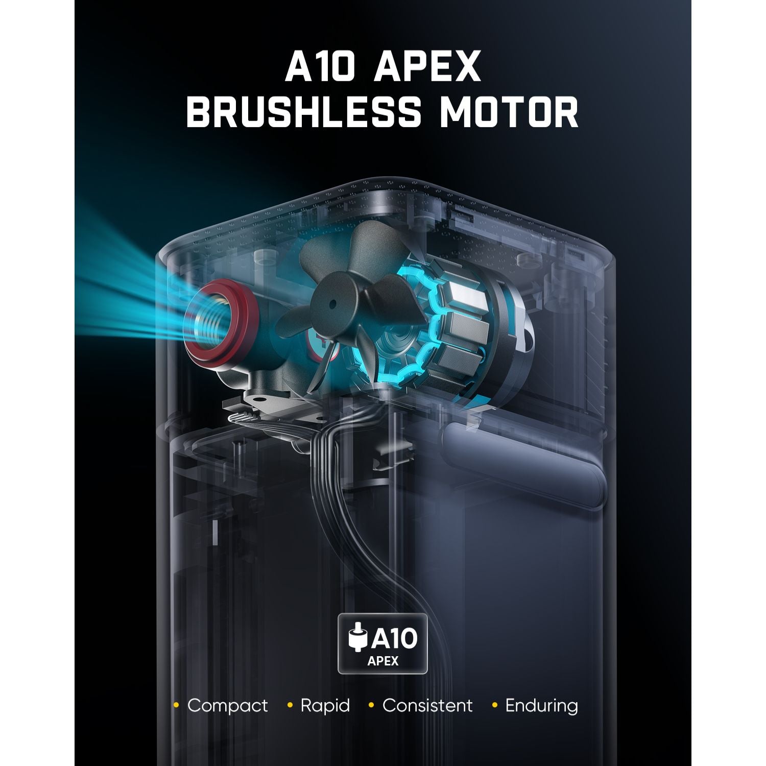 Promotional graphic for a Beyond 10 Apex 1800 Amp Jump Starter highlighting the A10 Apex brushless motor. The image features a transparent cutaway view of the vacuum's motor housing, showing internal fan components and a blue airflow graphic.