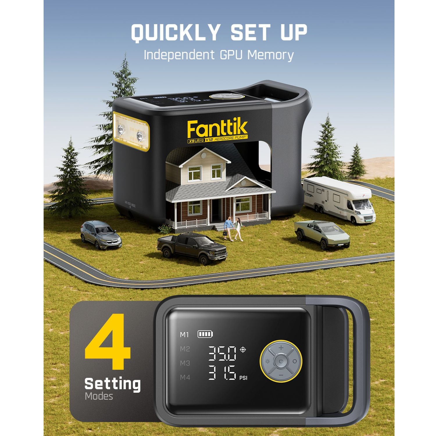 Fanttik X9 Ultra Tire Inflator showcased in a miniature road setting with trees, houses, and vehicles, Quick Setup and 4 Setting Modes features displayed.