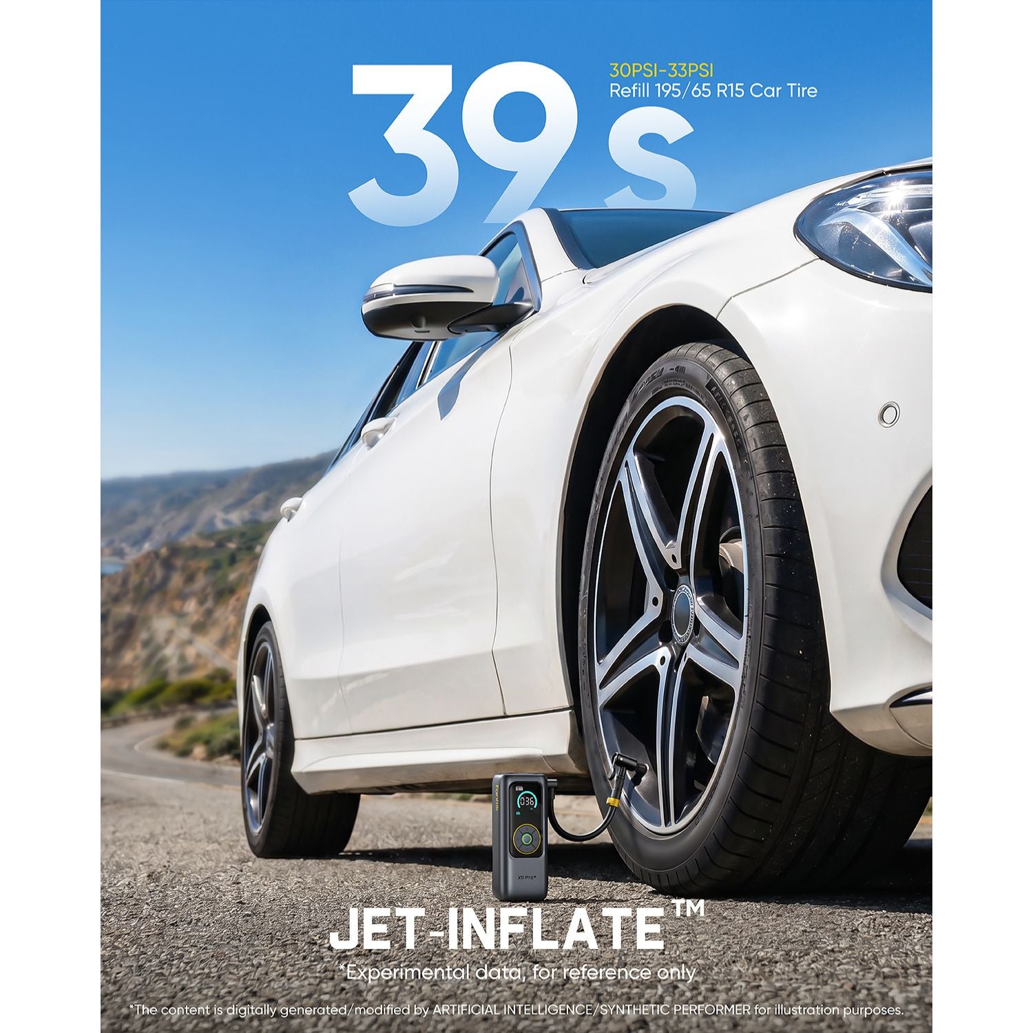A white car parked outdoors on a road with a small Jet-Inflate pump connected to the tire, under a blue sky. Large text reads '39s' and 'JET-INFLATE' with smaller text 'Experimental tire for reference only.
