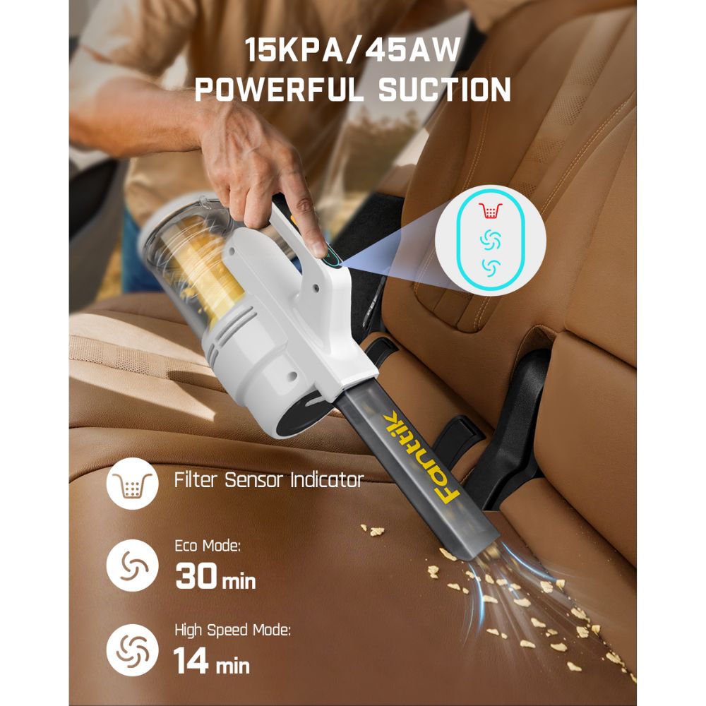 Fanttik RobustClean™ V9 Handheld Vacuum Cleaner, 45AW/15kPa Surging Suction, Car Vacuum with Extra-Long Crevice Tool & LED Display & Light, Portable Cordless Vacuum for Home Car Cleaning, White