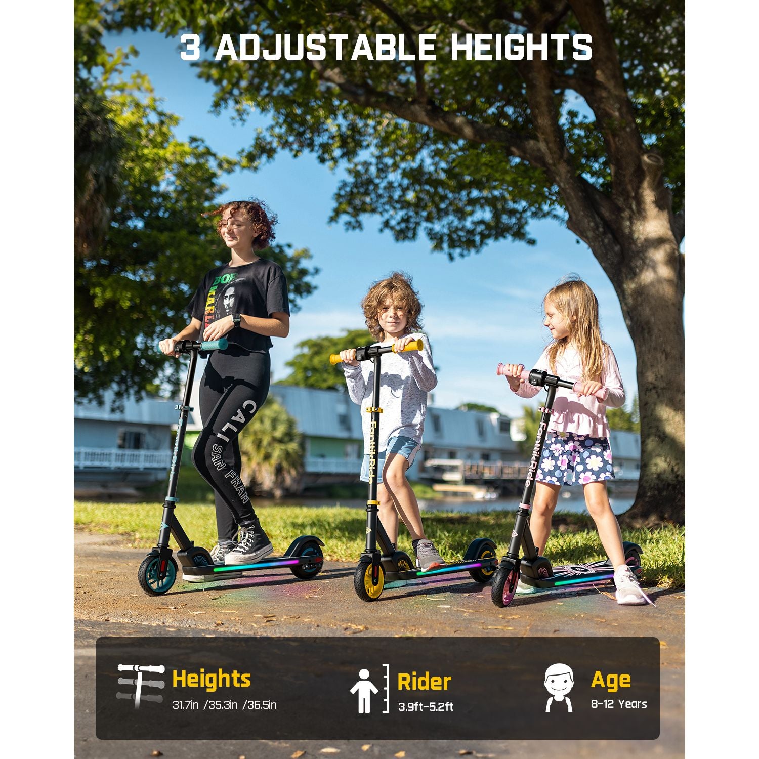FanttikRide C9 Apex Electric Scooter for Kids Ages 8-12, Bluetooth Music Speaker, Colorful Rainbow Lights, 5/8/10MPH, 5 Miles Range, Adjustable Height, Foldable, Gift for Teens up to 132 lbs