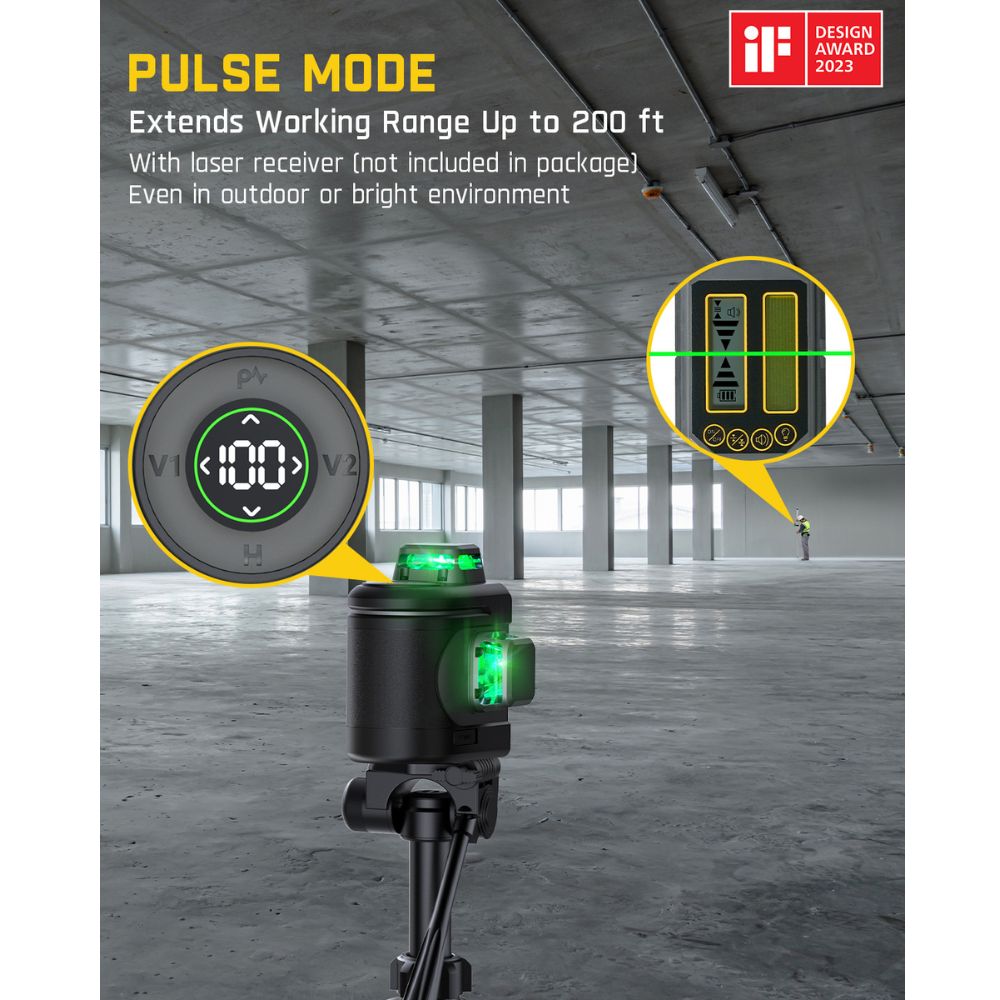 Fanttik D12 PRO Laser Level 3 x 360°, Self-Leveling Cross Line Laser with LED Screen, 3D Green Cross Line, 5200mAh Battery Rechargeable, Pulse Mode, Magnetic support