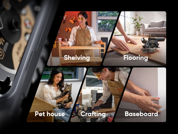 A promotional collage showing a cordless drill in close-up on the left, with four angled panels on the right demonstrating use cases: shelving, flooring, pet house, crafting, and baseboard. The collage is set on a black background with white labels.