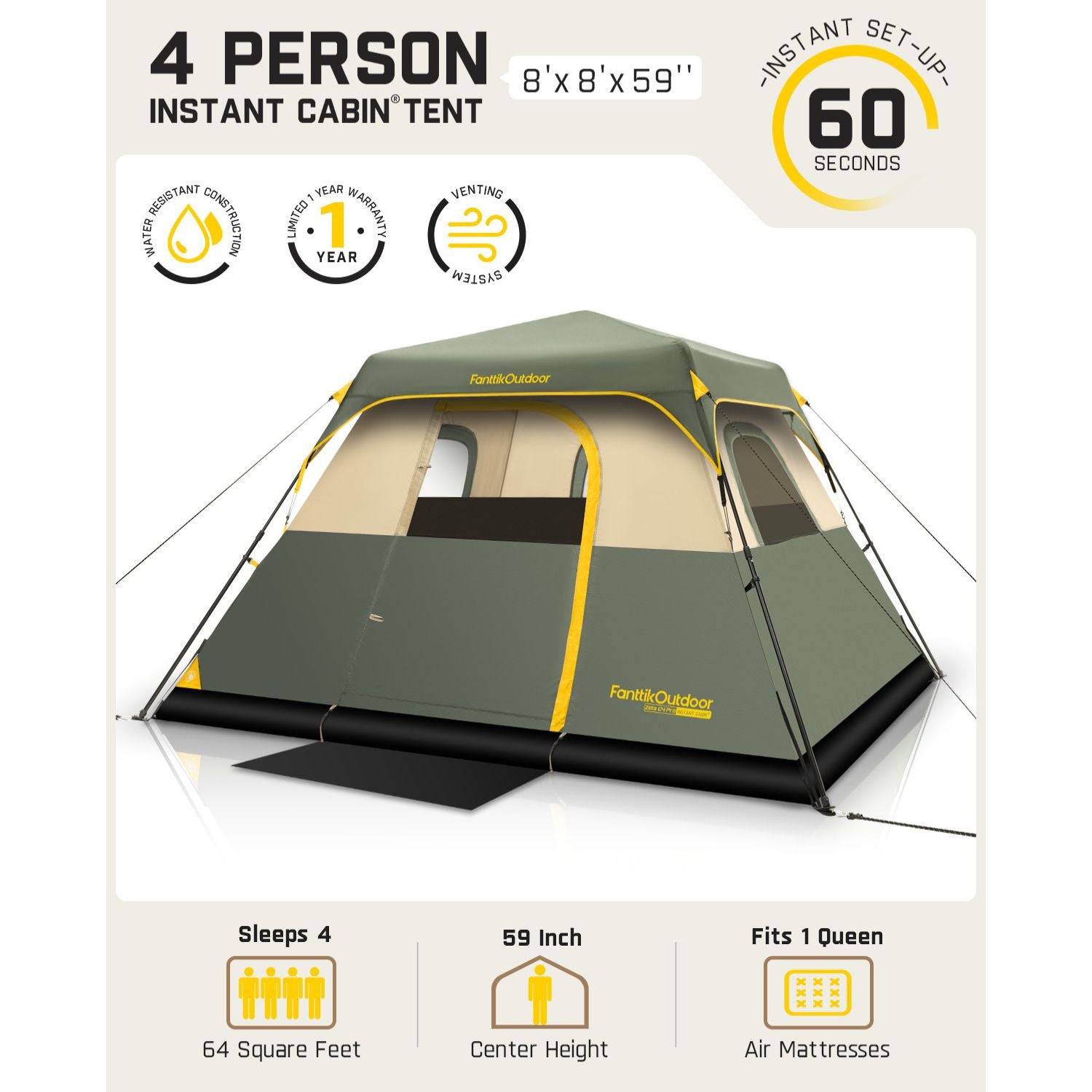 FanttikOutdoor Zeta C4 Pro Camping Tent 4 Person Instant Cabin Tent Setup in 60 Seconds with Rainfly & Windproof Portable Tent with Carry Bag for Family Camping & Hiking