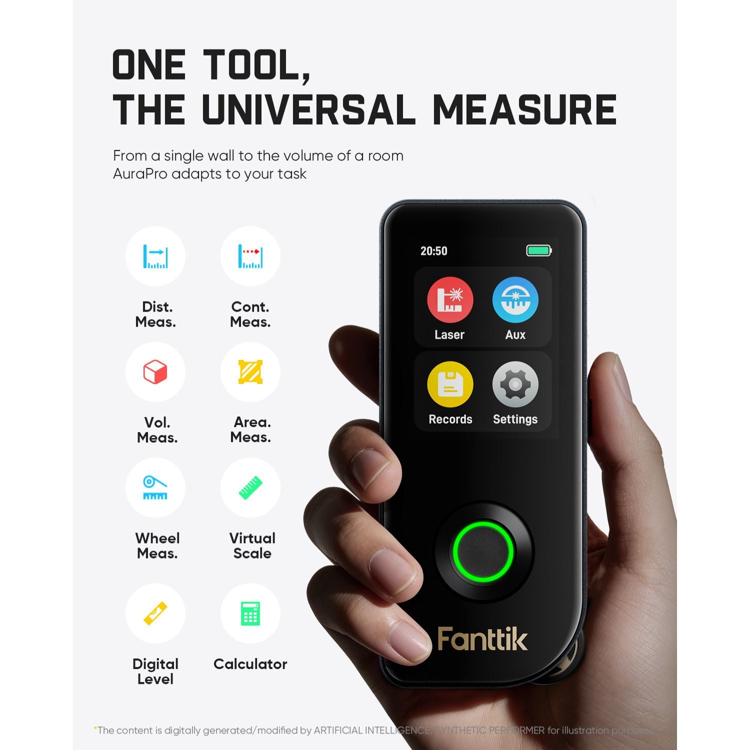 Hand holding a digital measuring device with various measurement functions displayed on the screen, branded as Fantik.