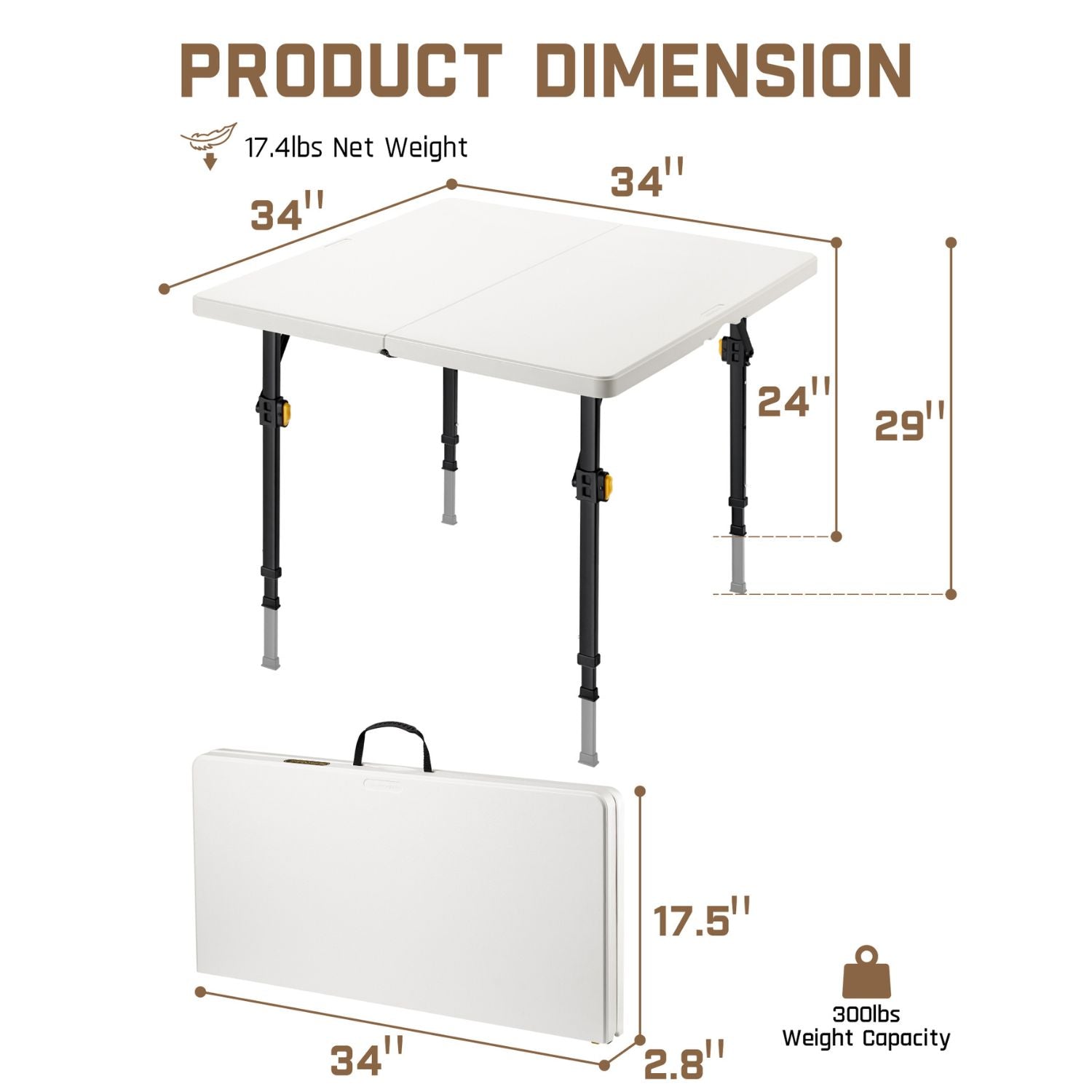 FanttikOutdoor 34" Square Folding Card Table, Two Heights Adjustable, Max Load 300 lbs, Portable Table with Lock Button, for Indoor/Outdoor, Home, Parties, Picnics, Puzzle
