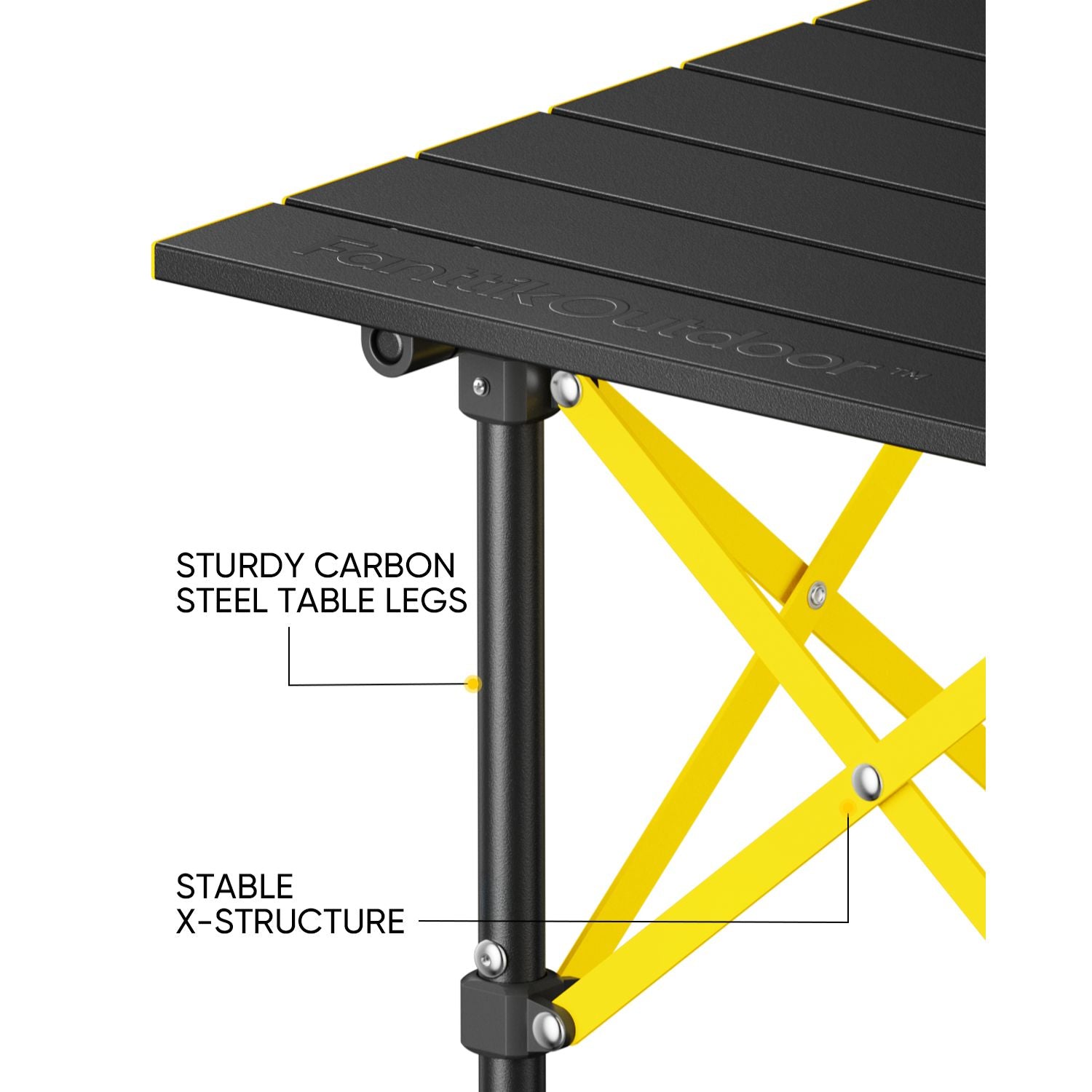 FanttikOutdoor Zeta V11 Pro Camping Table with yellow X-structure and labeled carbon steel legs on a white background