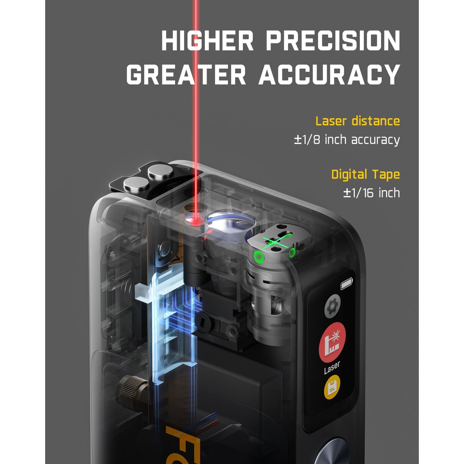 Fanttik A10 Apex laser distance meter with digital tape, showing high precision measurements and accuracy details.
