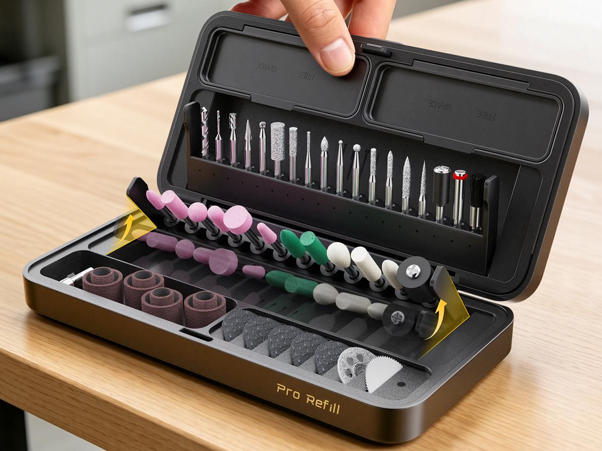 A hand is holding open a Rotary Tool Accessory Kit case containing a set of rotary tool bits and various colored sanding/burring wheels. The case has gold lettering that reads 'Pro Refill' and is resting on a light wood table.