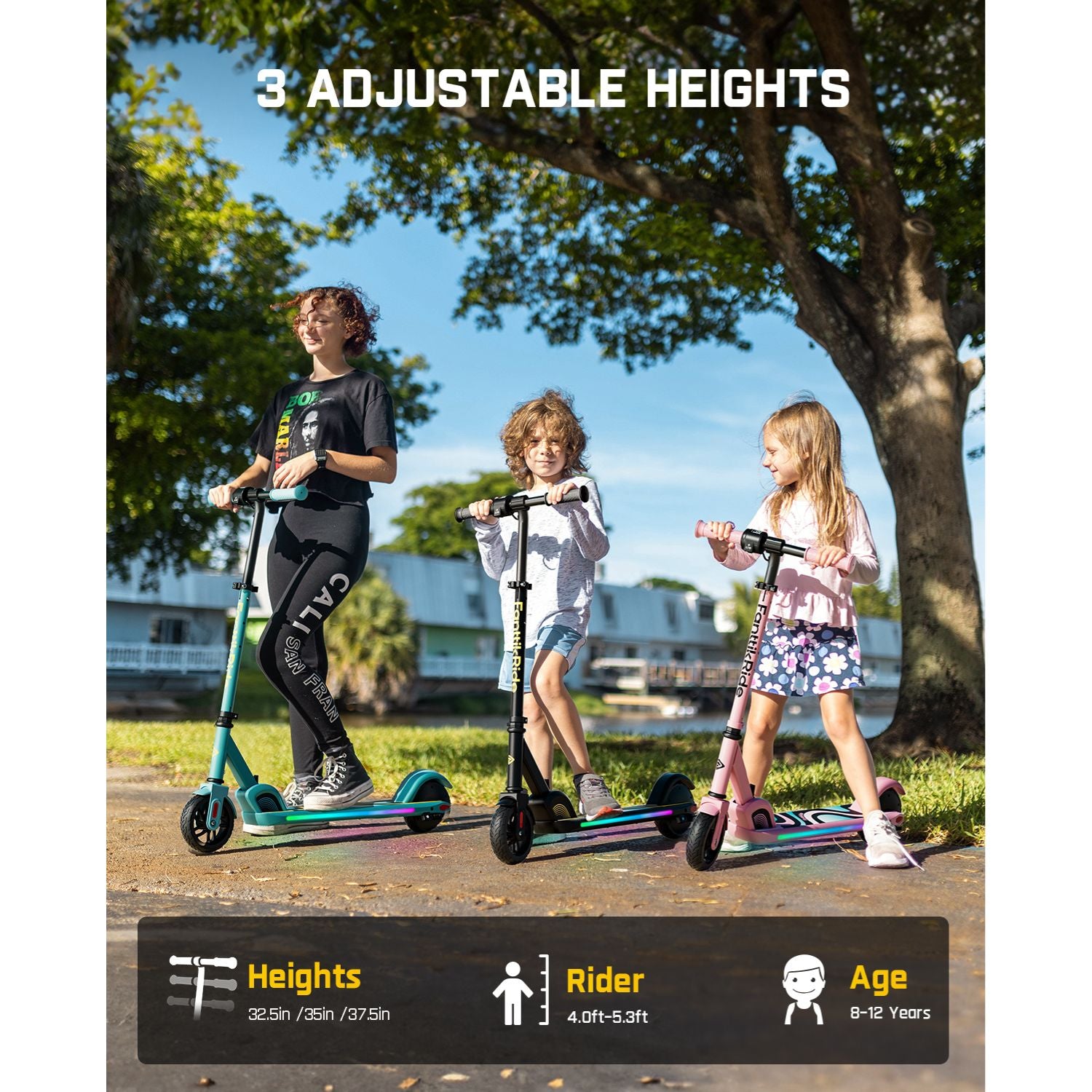 FanttikRide C9 Pro Electric Scooter for Kids Ages 8-12, Colorful Rainbow Lights, 5/8/10MPH, 5 Miles Range, LED Display, Adjustable Height, Foldable, Gifts for Boys and Girls up to 132 lbs