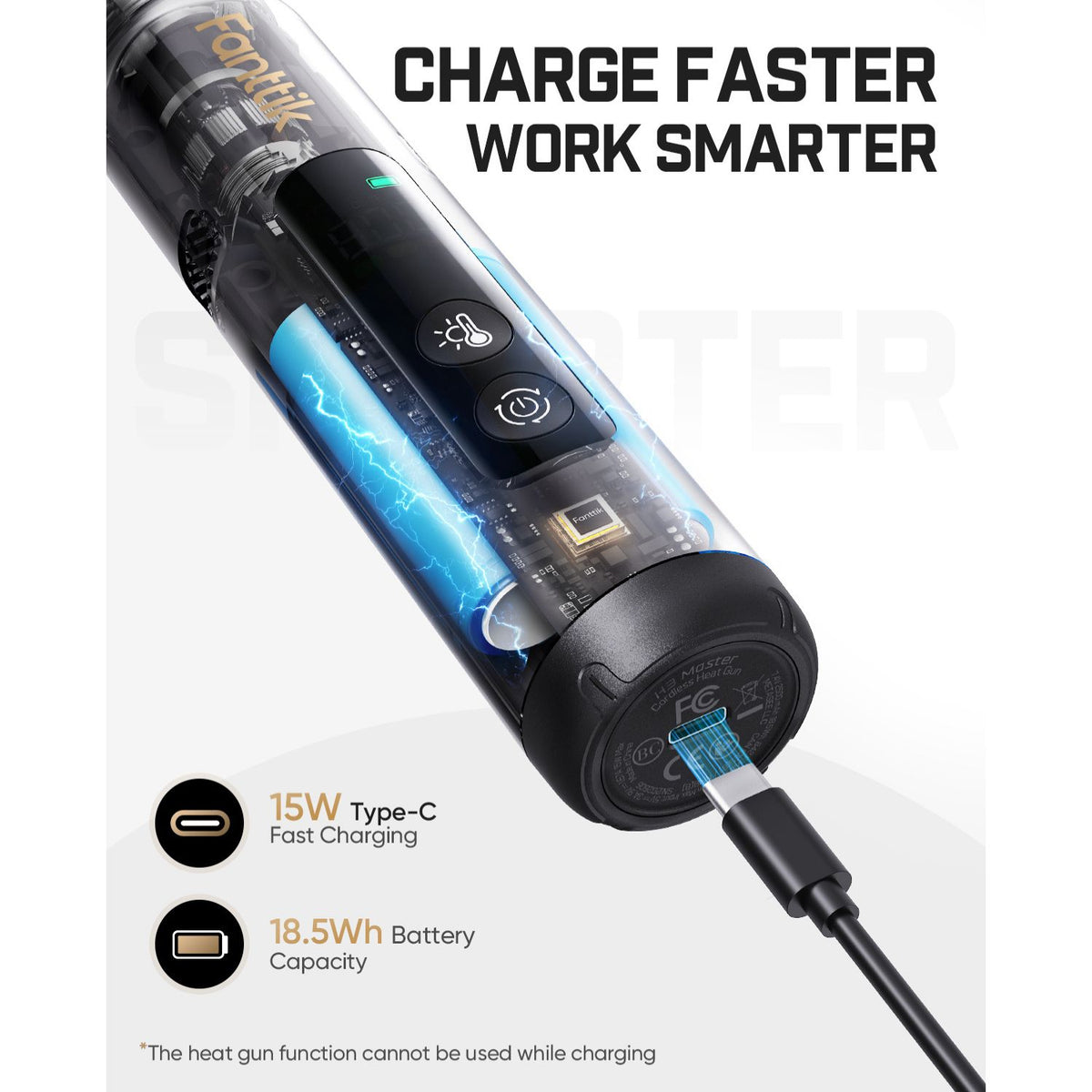 A handheld cylindrical Cordless Mini Heat Gun with a transparent body showing internal blue charging elements, connected to a black USB-C cable. Large text reads 'CHARGE FASTER WORK SMARTER,' with feature callouts for 15W Type-C fast charging and 18.