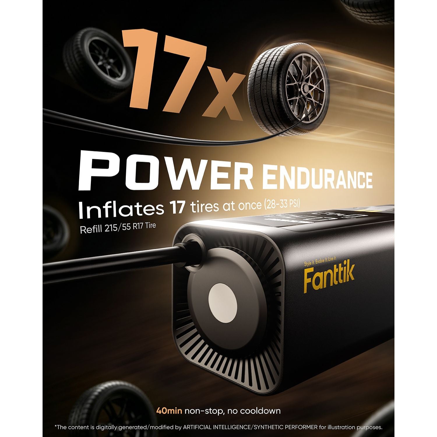A promotional graphic for a Fanttik air pump showing a black cylindrical pump with a yellow Fanttik logo, connected to a tire inflator setup. Large text reads '17x POWER ENDURANCE' and 'Inflates 17 tires at once,' with several tires illustrated around the product on a dark brown and black background.