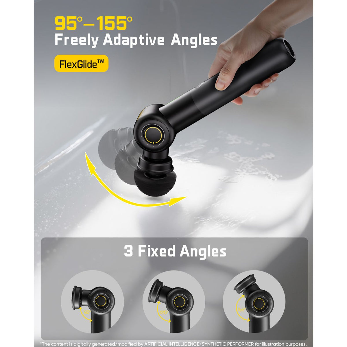 Black G9 Pro Electric Spin Scrubber shown being held in a hand over a white sink, with marketing text reading '95°-155° Freely Adaptive Angles' and 'FlexGlide™', plus a bottom panel showing three fixed angles.